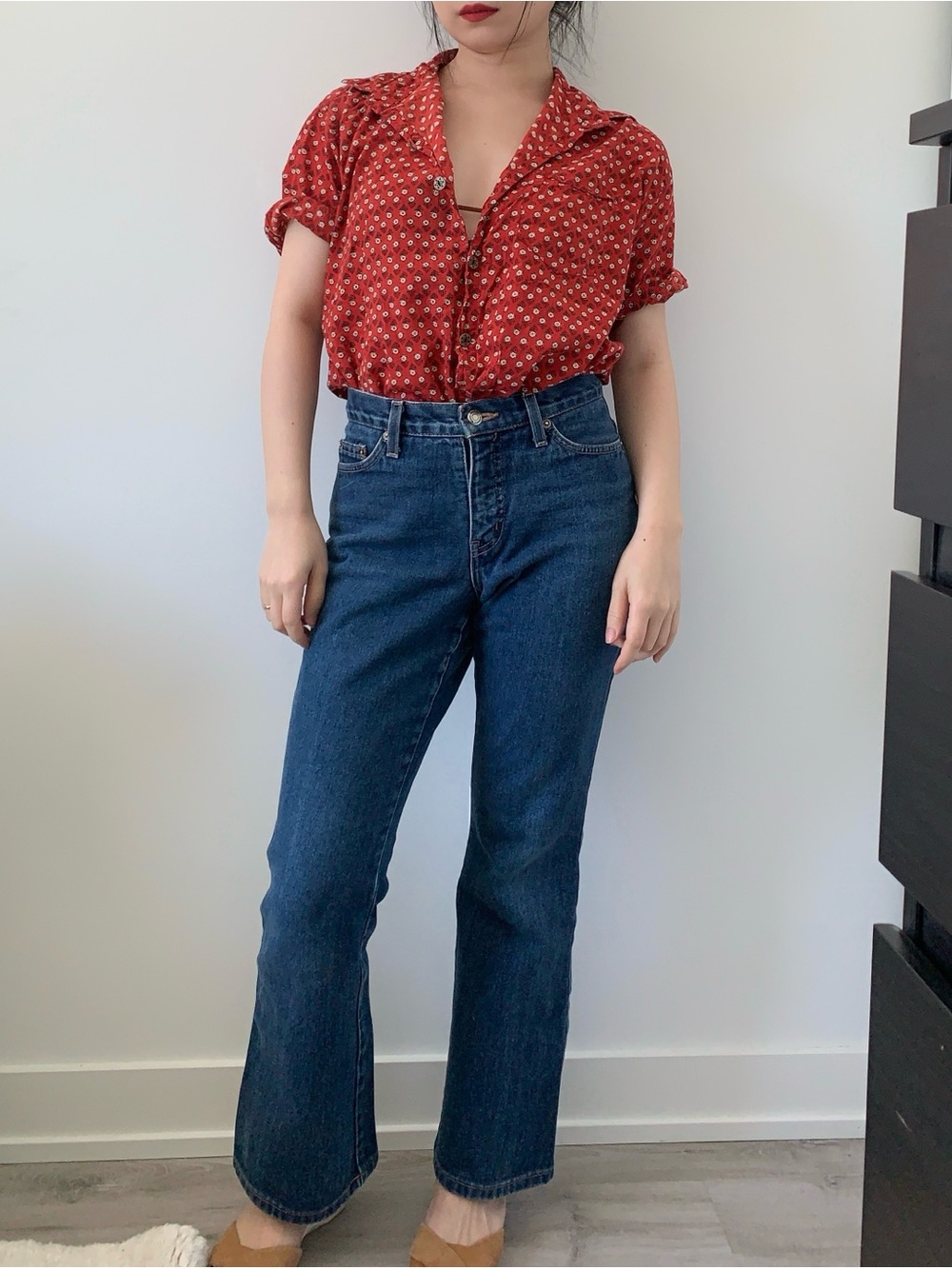 Vintage Red Printed Button-Up Shirt